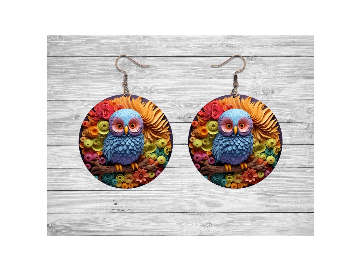 3D Round Multicolor Owl Dangle Earrings