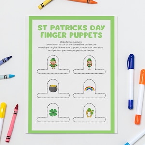 Utskrivbart ark med fingerdocka för barn, pyssel till St Patricks Day