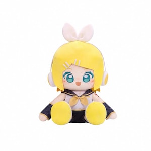 May include: A plush doll featuring a yellow-haired character with blue eyes, wearing a sailor-style outfit with a bow. The doll has white bunny ears and headphones. The doll is sitting with its legs extended.