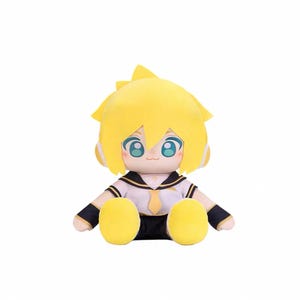 May include: A plush doll of a character with yellow hair and large blue eyes. The doll wears a white sailor-style uniform with black and gold accents. The doll has yellow hands and feet and is sitting.
