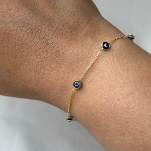 Original evil eye shaped,Gold Plated over Silver sterling (925) Evil Eye Chain Bracelet, Adjustable