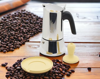 Espressokocher 6 Tassen Zubehör 4 in 1, Untersetzer + Tamper + Ständer für Kaffeetrichter + Auffangschale