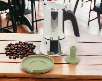 Espressokocher 4 Tassen Zubehör 4 in 1, Untersetzer + Tamper + Ständer für Kaffeetrichter + Auffangschale