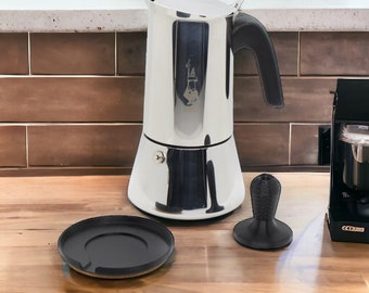 Espressokocher 10 Tassen Zubehör 4 in 1, Untersetzer + Tamper + Ständer für Kaffeetrichter + Auffangschale