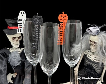 Halloween Glass Markers / Personalized / Pumpkin / Ghost / Skull / Name Tag / Glass Labels for Parties