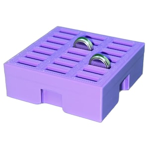 Peut inclure: Un organisateur de rangement pour piles en plastique violet avec plusieurs compartiments. Deux piles bouton argentées sont dans l'organisateur.