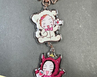 Kawaii Strawberry Karoke Anime Dangling Hangling Connection Linked 2.5" Double-Sided Acrylic Charm Keychain | Chibi Anime Keychain