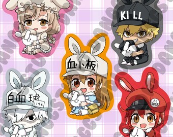 May include: Five chibi-style anime character stickers featuring figures in hats with rabbit ears, each holding a small white plush rabbit. The characters wear outfits in beige, black, white, brown, and red, with Japanese text on the hats.