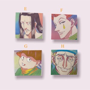 May include: Four colourful square stickers featuring characters from the anime Hunter x Hunter. The stickers feature a man with long black hair, a man with red hair, a young boy with a brown hat, and an older man with a blue hat.