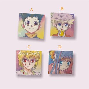 May include: Four square stickers featuring characters from the anime Hunter x Hunter. The stickers are printed on a white background with a colourful gradient effect. The characters are Gon Freecs, Killua Zoldyck, Kurapika, and Leorio.