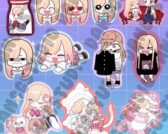 May include: A selection of vibrant stickers displaying anime-style characters in diverse poses and attire. The stickers feature a variety of expressions and a matryoshka doll design. The characters have blonde hair with pink highlights.
