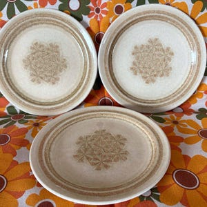 May include: Three off-white ceramic plates with a brown floral design in the center and a brown striped border. The plates are arranged on a colorful floral patterned fabric.