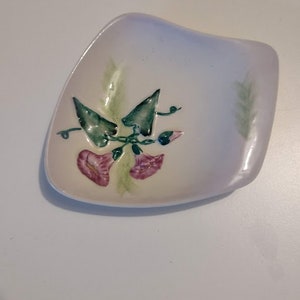 May include: A small, white ceramic dish with a scalloped edge. The dish has a floral design featuring pink flowers and green leaves.