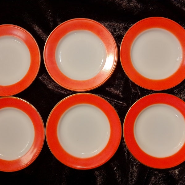 Pyrex Tea Plates in Coral Red with Gold Edges