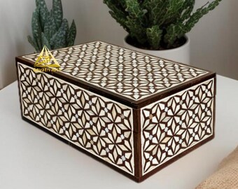 Handmade Bone Inlay Box: Wood Keepsake Storage