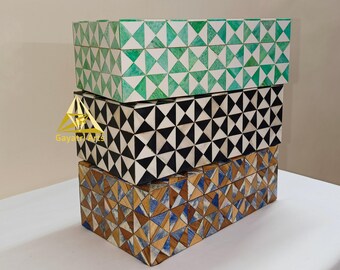 Home decor Teakwood Blue bone inlay jwelery storage box: Hand made geometric keepsake 9×5×3"