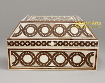 Home decor Bone inlay storage box : circle and dots design Handmade jewelry  storage box