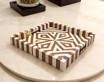 Wood bone inlay kitchen decor tray / Handmade boneinlay geometric design serving platter 41×41×5 centimeters