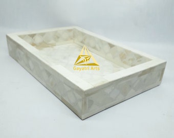 Bone inlay tray /  Hand carved tray /Moroccan Design | White Resin Serving Tray | Handicraft/ Bone inlay furniture