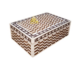 Handmade Teakwood inlay jwelery storage box: floral geometric design keepsakes 12"×8"×4"
