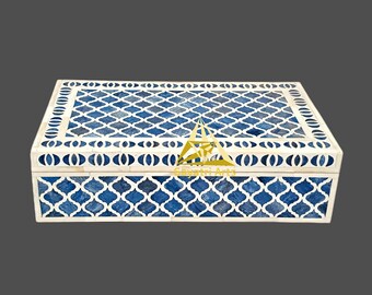 Blue bone inlay mughal design home decor box: handmade jewelry storage, 14×8×4 inches