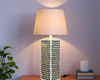 Teakwood bone inlay table lamp ; luxury lifestyle living room decor