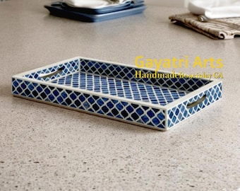 Blue bone inlay mughal design serving tray : Handmade Daining table decor 20×12×2" (Inches)
