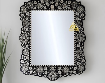 Bone inlay handmade mirror frame : floral designs wall decor, 120×90 centimeters