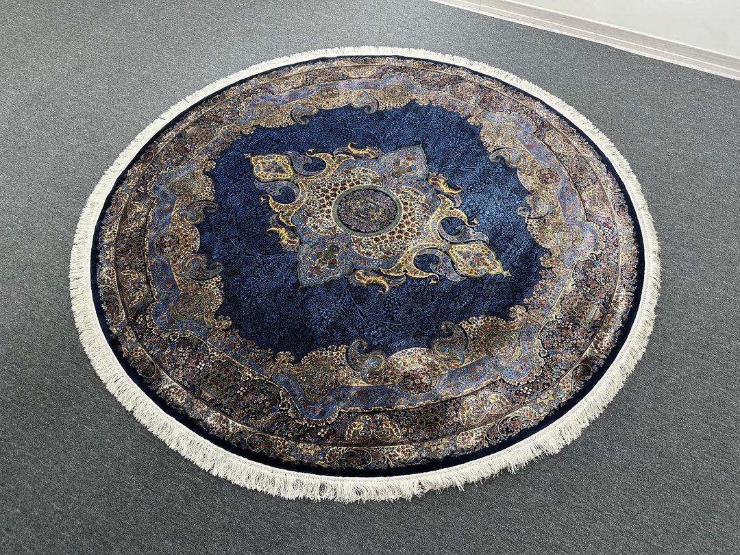 7x7 Navy Blue Round Silk Rug 7x7 Circle Silk Rug Classic Etsy