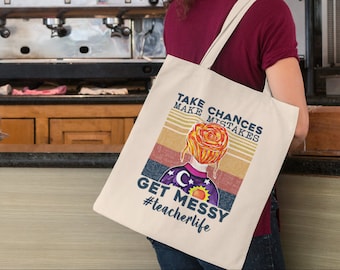 Take Chances Make Mistakes Get messy, Miss Frizzle print Canvas Tote Bag, teacher gift, teacher Tote Bag, STEM teacher, Magic School Bus