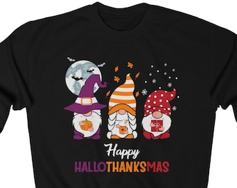 Halloween Thanksgiving Christmas Shirt, Happy HalloThanksMas Sweatshirts, Happy Hallothanksmas Shirts, Funny Halloween Shirt, Christmas Tee