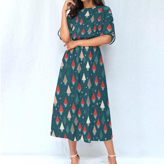 Christmas tree holiday Party dress for her with pockets, Christmas Party dress for family Christmas, Forest green dress with holiday trees