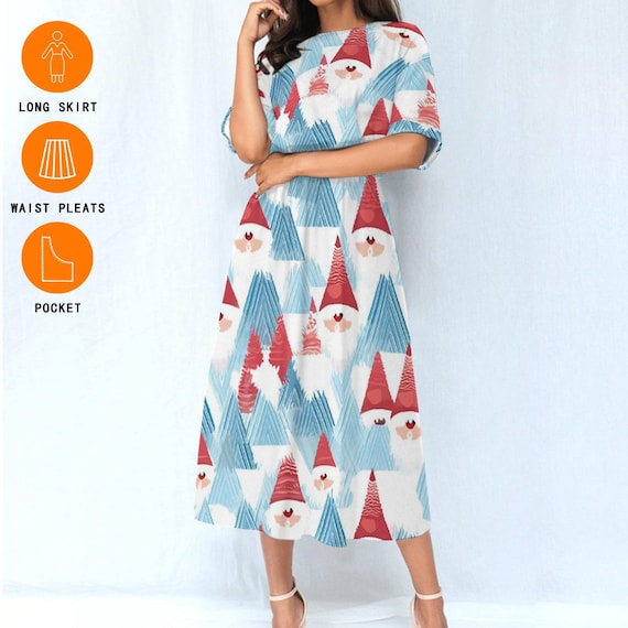 gnome christmas dress gnomes with hearts midi with pockets, holiday dress for Christmas Eve, Red and Blue gnome for Christmas Day womens garden gnome costume