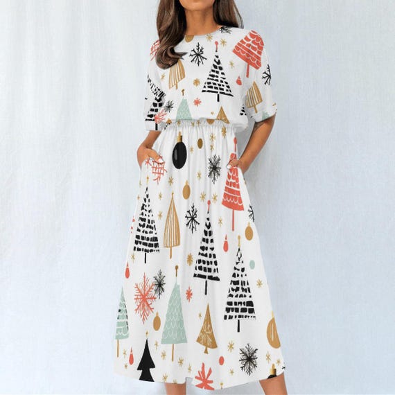 christmas print party dress tree Holiday with pockets, Holiday party dress with snow and trees for her, Christmas tree for Christmas Day neck and adjustable wrap