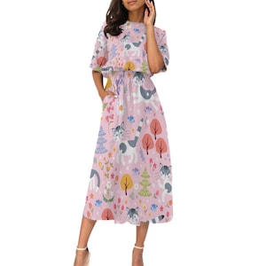 Süßes Kätzchen-Katzenkleid mit Taschen für Lehrer, Kindergärtnerin, verspielter Druck, Übergröße