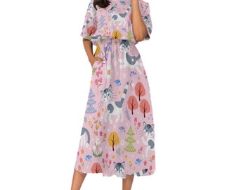 Cute Kitty Cat Dress with Pockets for Teachers, Kindergarten Teacher, Playful Print, Plus Size