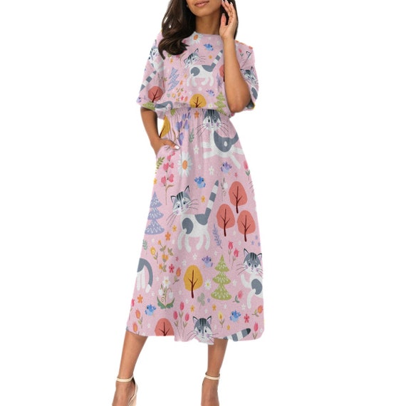 cute teacher dresses with pockets Cute Kitty Cat Dress with Pockets for Teachers, Kindergarten Teacher, Playful Print, Plus Size