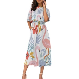 Tropical Flamingo Dress with Pockets, tropical Beach print, Flamingos, Tropical plants, plus size
