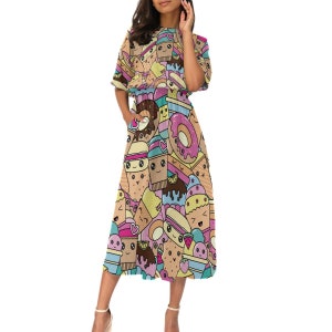 Kawaii Cute Snacks Dress with Pockets, Foodie Dress for teachers, Cute dress for school, Plus Size