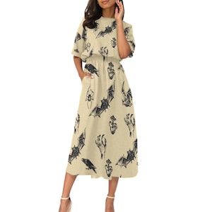 Horrorfilm-Halloween-Kleid mit Taschen, Zombie-Händen, Fledermäusen, Spinnen, Partykleid, Plus Size