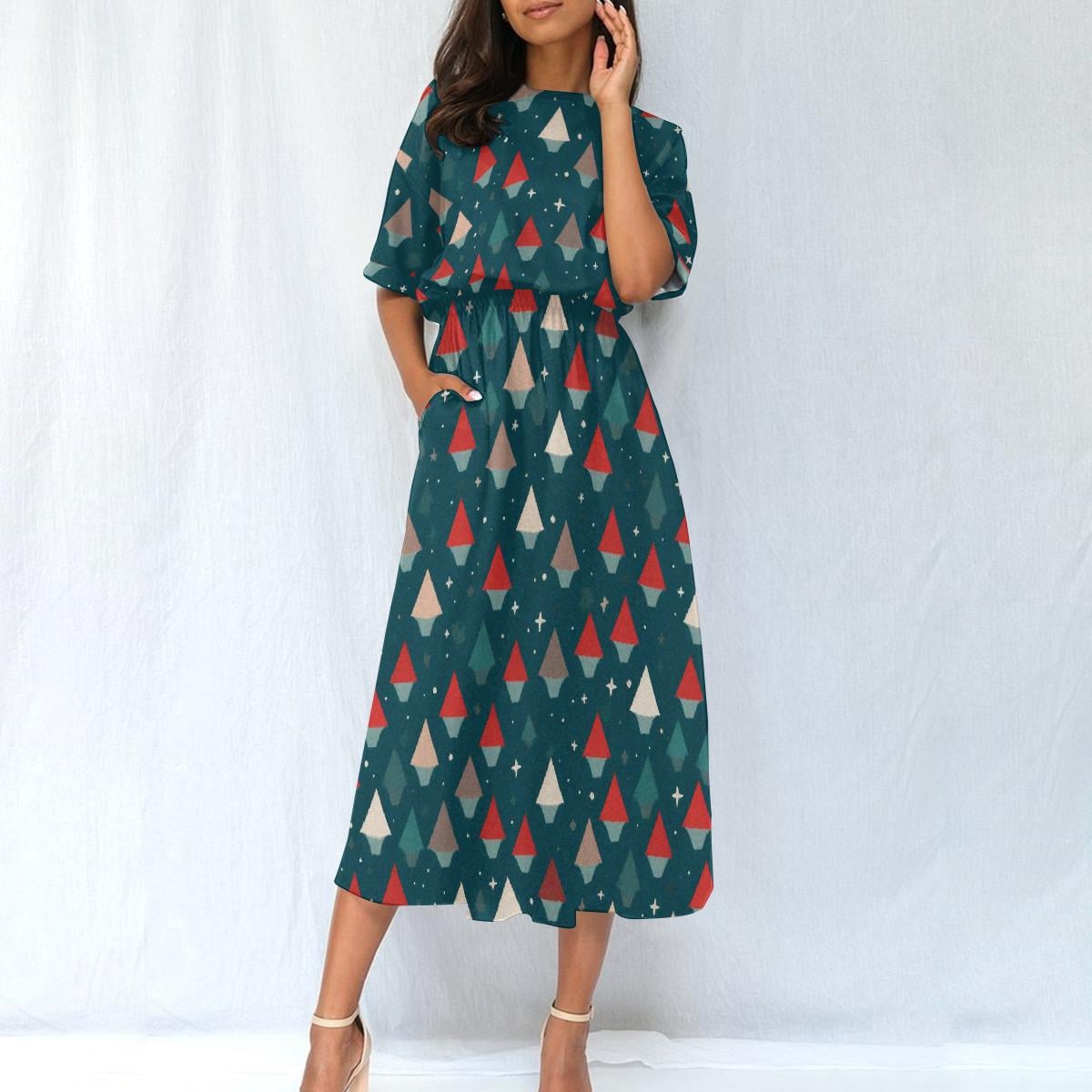 Christmas tree holiday Party dress for her with pockets, Christmas Party dress for family Christmas, Forest green dress with holiday trees