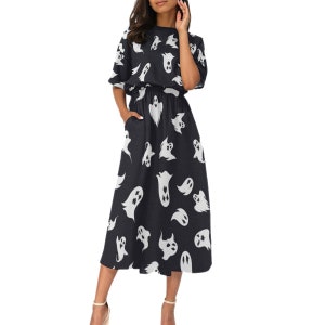 Halloween Ghost Dress with Pockets, Spooky Slasher Boo Party Dress, Plus Size, Scary Ghosts