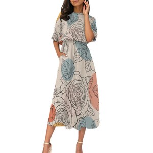Beautiful Botanical Floral Dress with Pockets, Rose print with pastel, modern work dress, plus size
