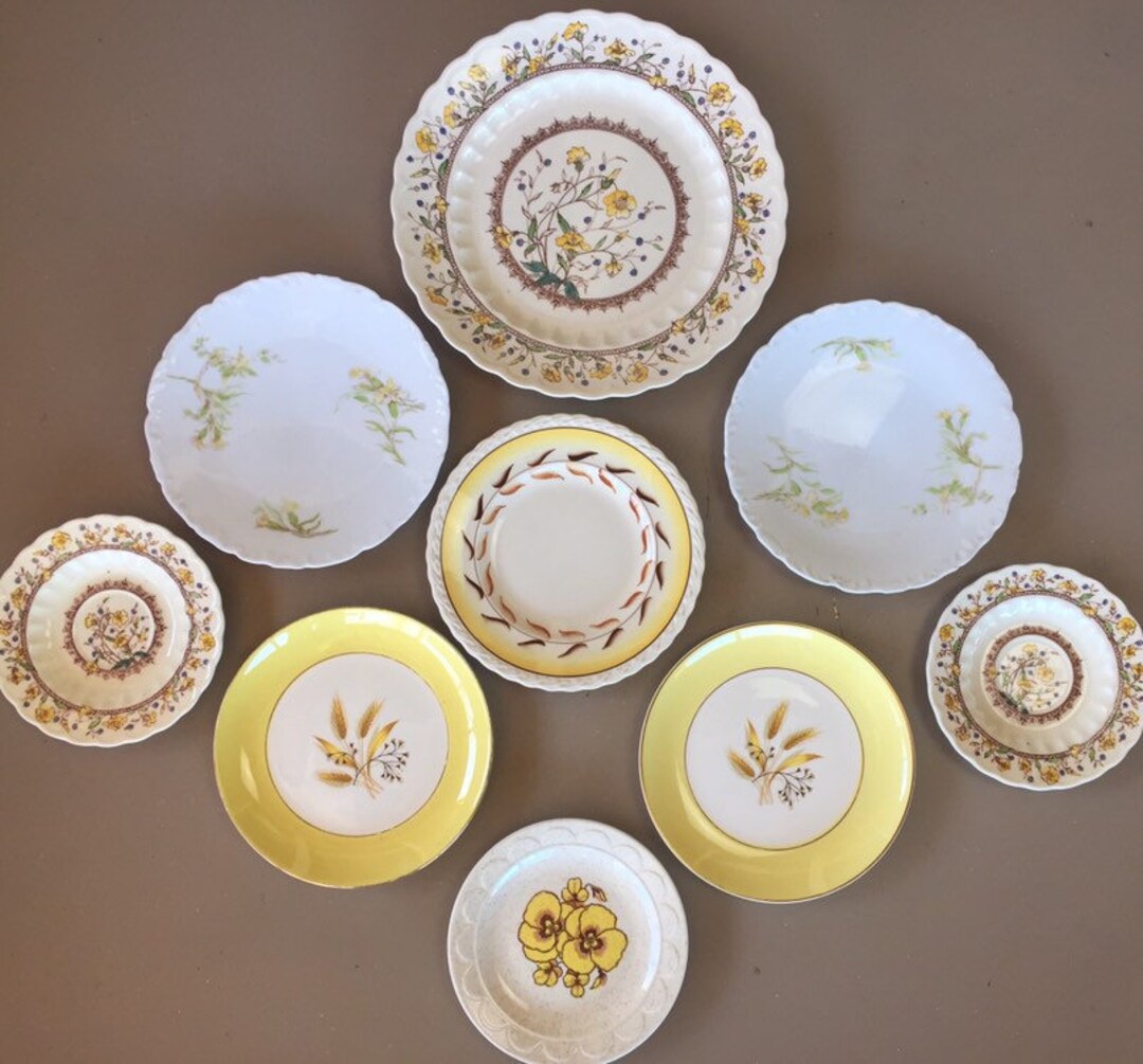 Vintage Mismatched Yellow Gold Wall Gallery Plates Wall Hangings Wall Decor Farmhouse Cottage