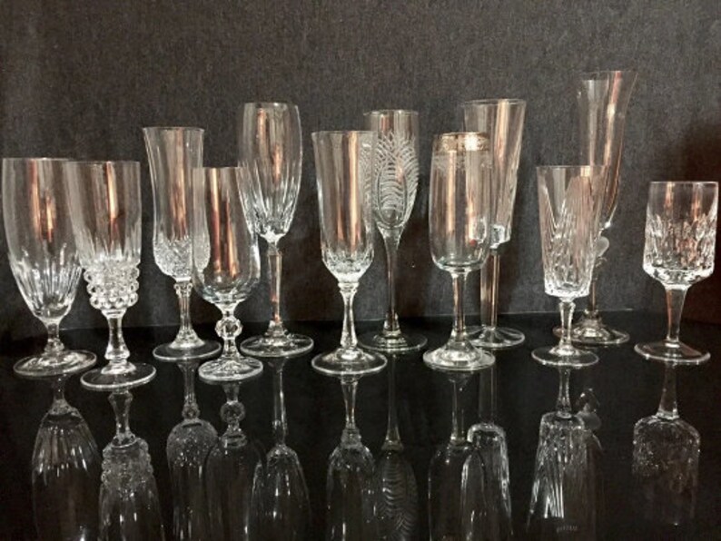 Vintage Mismatched Crystal Champagne Flutes Toasting Glasses Set of 12 Clear Eclectic barware Boho Shabby Chic#1221