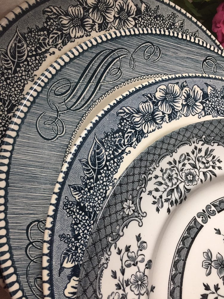 Mismatched Cobalt Blue and White Dinner Plates Farmhouse Cottage Boho Shabby Chic English Blue Transferware English China