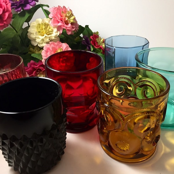 Mismatched vintage whiskey glasses, , low ball, Eclectic, cocktail glasses Multi Color Glassware Retro Barware Drinkware Set of 6 #1500