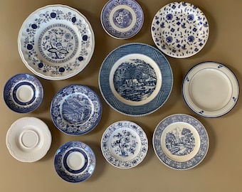 Vintage Mismatched Blue White Transferware | Wall Gallery Plates | Wall Hangings | Wall Decor Farmhouse Cottage English China #GW22