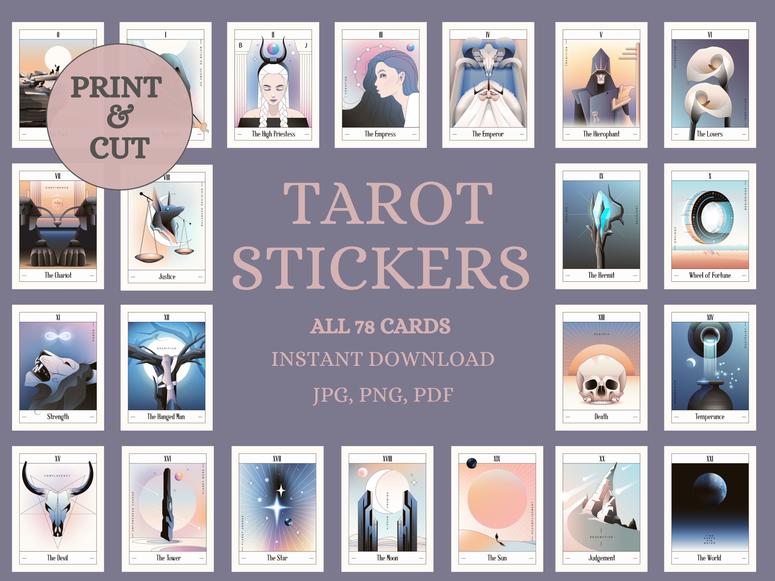 Printable Tarot Card Stickers | 1.5 x 2.5 | All 78 Cards | Great for Tarot  Journaling | Digital File INSTANT DOWNLOAD