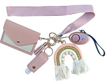 Rainbow Pink Safety Keychain Set, Pink Satin Lanyard, Macrame, Personal Alarm, Card Holder, Gifts for Her, Birthday, Mother's Day, Womens